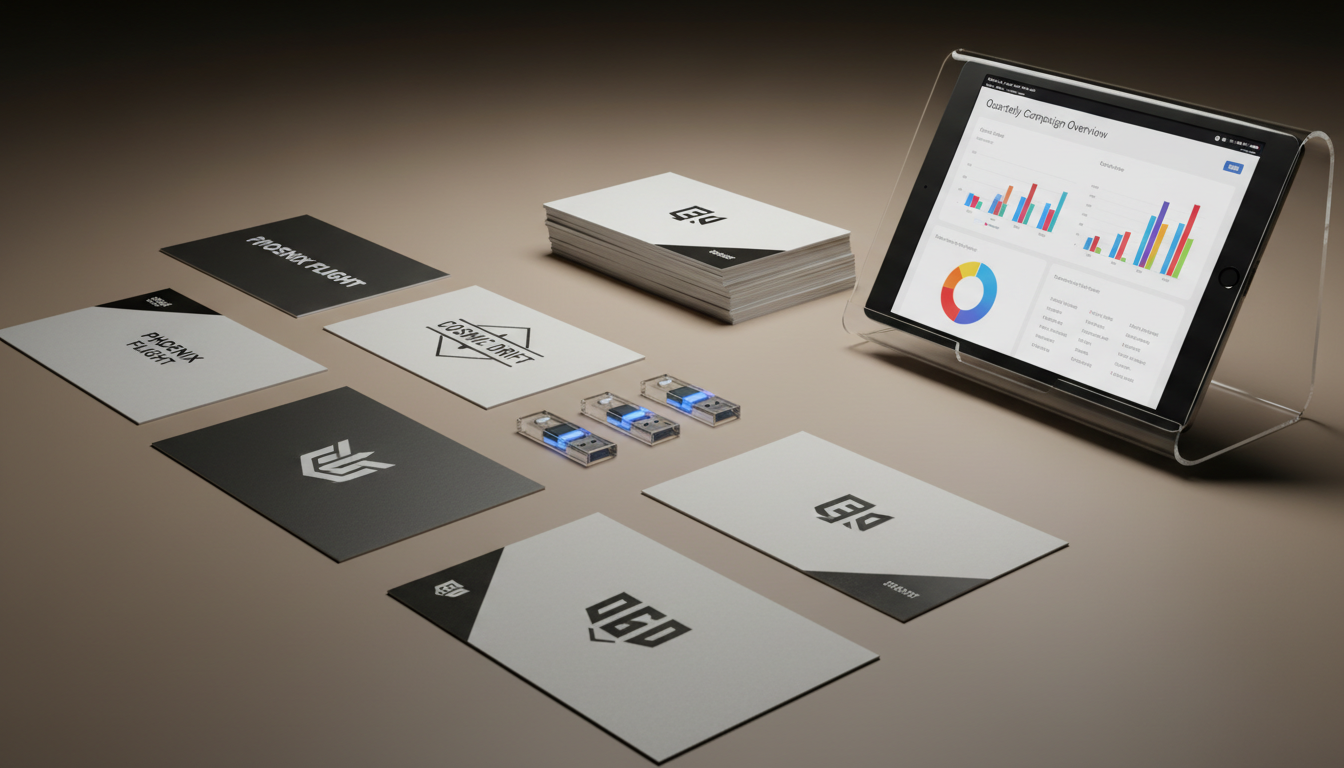 A close-up of custom-designed promotional materials—matte finish postcards featuring bold, minimalist game logos and spot-gloss accents—precisely laid out upon a smooth, neutral taupe tabletop. Alongside are transparent USB flash drives and a slim, sculptural acrylic stand showcasing a digital marketing report on a tablet screen. Warm-white spotlighting from above creates soft, rounded highlights and very subtle gradients in shadow, imparting a gallery-like, sophisticated feel. The composition is offset using the rule of thirds with crisp focus, lending a clean, modern, and dynamic appearance perfect for highlighting unique agency marketing assets.