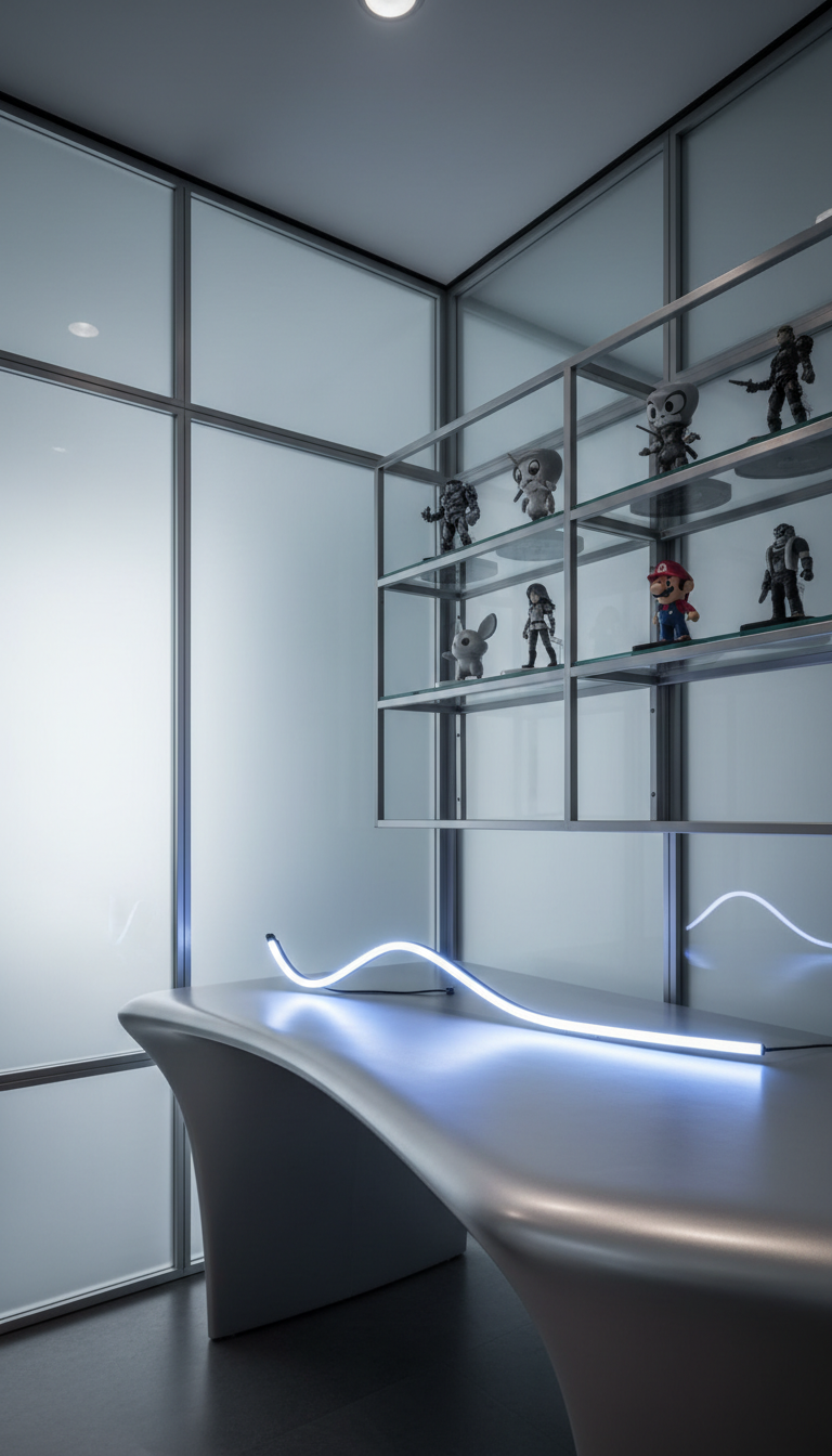 An ultra-modern workspace vignette with intersecting lines of frosted glass dividers, a sculpted matte aluminum desktop, and a modular shelving unit displaying iconic, collectible game figurines on individual stands. A muted color palette with a single pop of electric blue from a neon desk accent ties the visual together. Soft studio lighting evenly illuminates the surfaces, creating subtle, diffused highlights and minimalist shadow play. Captured at a wide, low angle to emphasize spatial structure, the mood is forward-thinking and refined with a distinctly photographic, clean corporate aesthetic, reflecting the innovative edge of a marketing team working in the gaming industry.