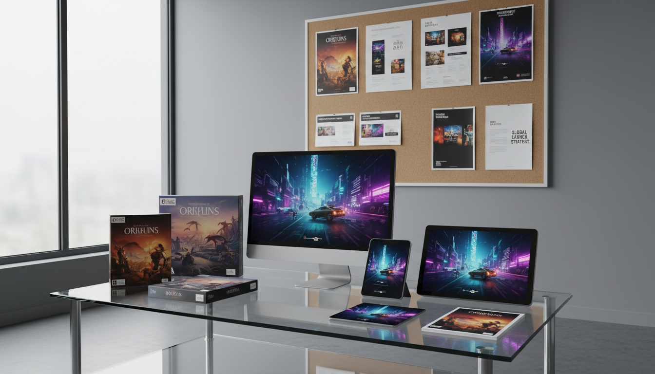 A meticulously arranged gallery of high-quality video game boxes and digital devices, each displaying vivid, stylized cover art, set atop a low-profile modern glass table with chrome legs. The background features smooth, neutral grey walls and a pinboard with neatly pinned campaign mockups and polished case study printouts. Natural, overcast daylight filters in from a wide window, giving the scene balanced, even lighting and gentle reflections on the glass. Shot from an eye-level perspective with sharp focus throughout, the environment feels structured and intentional. The atmosphere is thoughtfully professional, clean, and inviting, aligning perfectly with a marketing agency’s creative portfolio section.