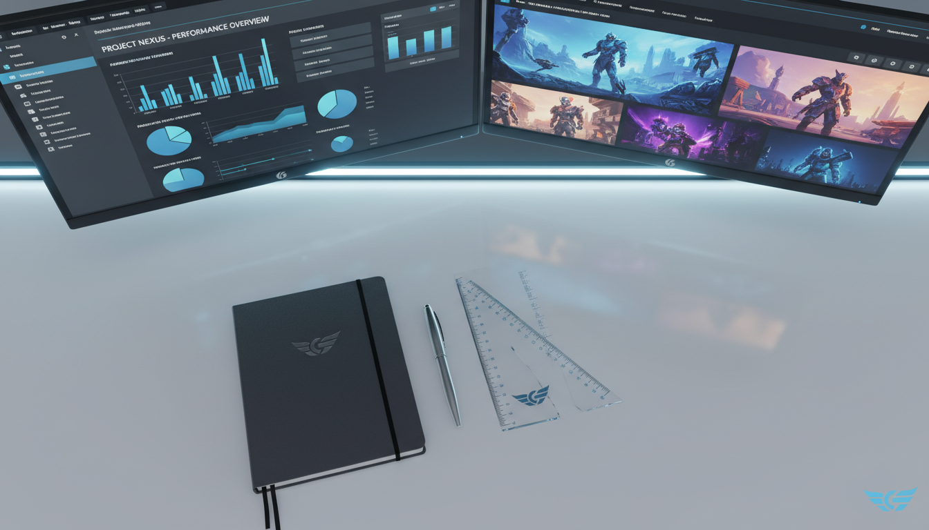 A minimalist arrangement of branded stationery—sleek graphite notebook, silver embossed pen, and laser-cut acrylic ruler—neatly fanned across a crisp white desk. Next to the stationery are two computer monitors, one displaying a well-organized digital marketing dashboard with clean graphs and the other cycling through vibrant game artwork. Gentle, cool-toned LED office lighting brightens the scene, creating soft, precise reflections and understated, controlled shadows. Taken from an overhead, central composition, the visual is structured and uncluttered, capturing a sense of methodical creativity. The image embodies a modern, organized, and innovative mood, suitable for a video game agency service showcase.